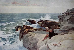 Evening by the Sea, Young Man with a Large Shell Sitting on the Shore