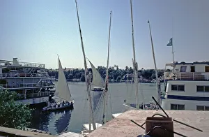 Excursion boats, feluccas, boat harbour, Aswan, Nile Valley, Egypt, September 1989, vintage, retro, old, historical, Africa
