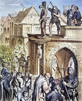 Exhibition at the pillory on the court arbour in Berlin in the Middle Ages