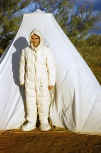 Expedition of the Melbourne Grammar School, Northern Territory, Australia, 1956, man uses RAF flight suit as sleeping bag, Oceania