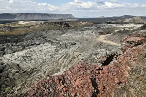 Extinct crater, lava fields and coloured lava in the geothermal area of the Leirhnjukur fissure at the Krafla volcano