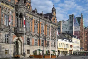 Detail of the facade of the brick town hall in Dutch Renaissance style