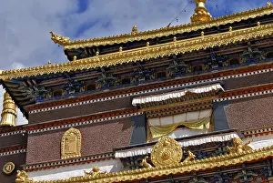 Facade, golden roof, window, Palcho Monastery or Pelkor chode or Shekar