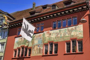 Facade of old building with murals in Appenzell