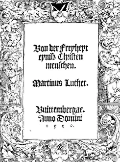 Facsimile, title of the original print of the work Von der Freiheit eines Christen Menschen, Wittenberg 1520, swords of Saxony, coat of arms of Wuerttemberg, ornamentation, historical illustration 1883