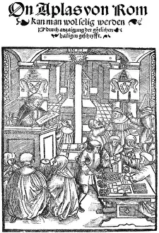 Facsimile, title page of a pamphlet from the early days of the Reformation, depiction of the trade in indulgences from Rome, interior of a church with altar, cross pulpit, many people, hustle and bustle, table full of coins, coat of arms
