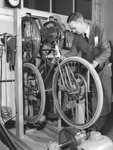 Factory in the 1950s. A worker at bicycle and motorcycle company Monark in Sweden