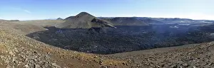 Category Mountain Landscapes Prints: Fagradalsfjall Eruption 2022, Panorama smoking solidified lava field with volcanic vent