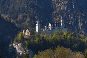 A fairytale castle rises majestically above wooded cliffs in a natural setting