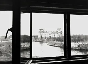 Fall of the Berlin Wall, view of the Reichstag Building from a former border guard watchtower