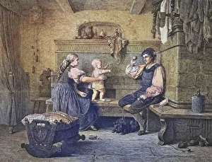 Family idyll at home, historical engraving