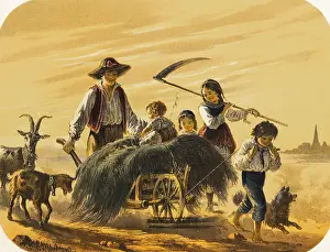 Family returns home with wheelbarrow full of grass