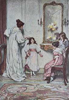 Family scene, measuring the height of a child