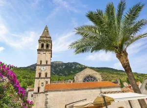 Famous belfry in mountains of Perast, Montenegro