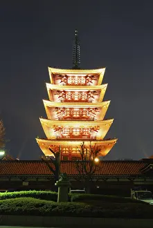 Famous landmark, five stores pagoda of Asakusa Temple with colorful light illumination