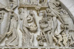 Famous tympanum of Saint-Lazare Cathedral with the Last Judgement, detail, Autun, Departement Saone-et-Loire, Region Bourgogne-Franche-Comte, Burgundy, France, Europe