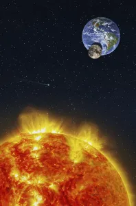 Fantasy composition of a solar eclipse seen from the Sun with the Moon projecting its shadow on the planet Earth