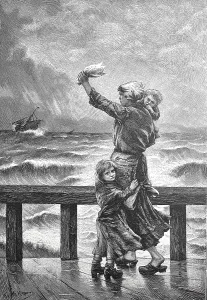 Farewell, Woman with children waving after a ship