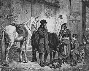 Farmer caring for a sick cow, historical engraving