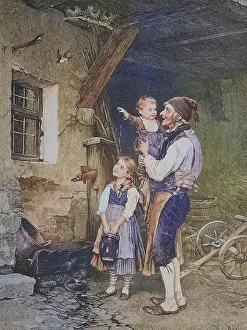 Farmer shows the children the nest-building swallows