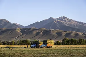 Farmers with two lorries harvesting hay bales in front of a mountainous landscape