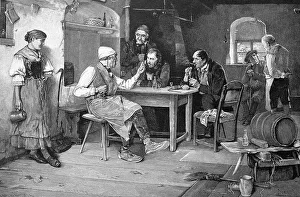 Farmers in the pub on Sunday, historical wood engraving
