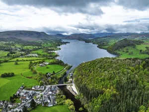 Framed Print : Farms and mountains over Ullswater Lake from drone Framed Print : Farms and mountains over Ullswater Lake from drone
