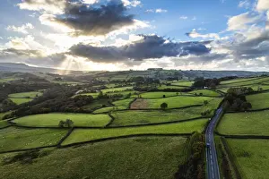 Farms over Trecastle from a drone at sunset