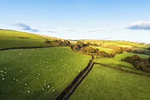 Farms over Trecastle from a drone at sunset