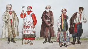 Fashion, historical clothes, folk costumes in European Russia