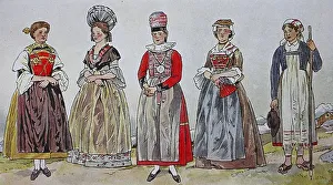 Fashion, mid 19th century, from left