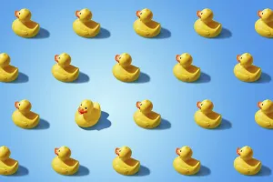 Category Oldtimer Prints: Fashion minimalistic concept of a yellow rubber duck pattern flat lay