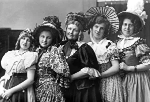 Fashion, five women with hats, group portrait