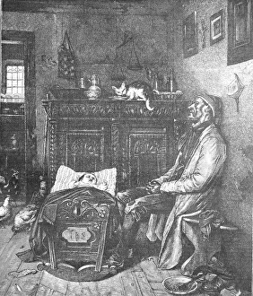 The father fell asleep, next to him baby crying in cradle