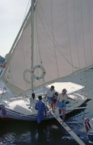 Felucca, boat harbour, Aswan, Nile Valley, Egypt, September 1989, vintage, retro, old, historical, Africa