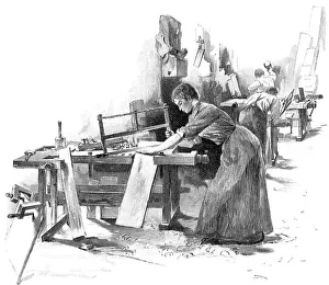 Female carpenter, ca. 1900, woodcut