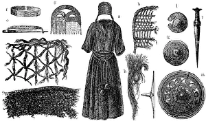 Female clothing and jewellery from Bronze Age graves, Borum Eshoj near Aarhus, Jutland, bronze ore, history of mankind, historical illustration 1880