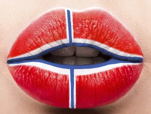 Category Scandinavia Prints: Female lips close up with a picture of the flag of Denmark