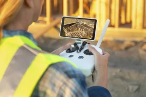 Female unmanned aircraft system (UAV) quadcopter drone pilot with controller inspecting new house framing