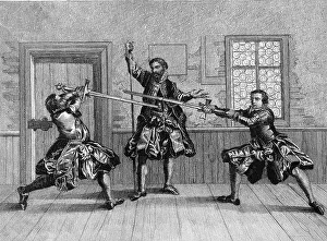 Fencing practice, 1570, historical illustration