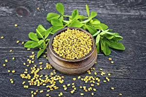 Fenugreek seeds in a bowl and on a table with green leaves against a black wooden board