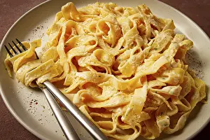 Fettuccine, tagliatelle, in creamy garlic sauce
