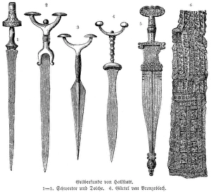 Finds with ornamentation from graves of the Hallstatt cemetery, swords and daggers (1-5), bronze belt (6), bronze ore, archaeology of the Early Stone Age or Hallstatt culture, Salzkammergut, history of mankind, Austria, historical illustration 1880