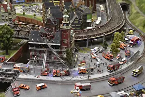 Category Historic EN Prints: Fire brigade extinguishes burning house at Miniatur Wunderland Hamburg