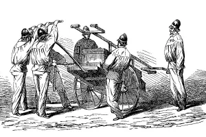 Firemen around 1870, Unloading a Water Sprayer