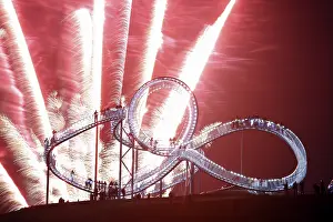 Framed Print : Fireworks display during opening of the walkable landmark sculpture in the shape of a roller coaster