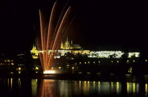 Fireworks at Moldau River in front of Prague Castle with the St