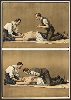 First aid, depiction of artificial respiration by two helpers