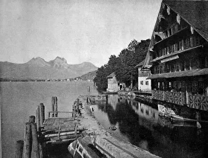 One of the first autotype photographs of a wharf for steamboats on Lake Lucerne