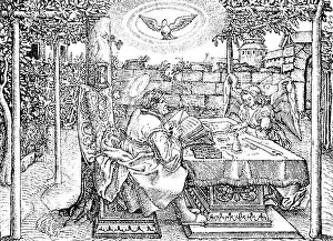 First illustration from Luther's 1534 translation of the New Testament, Evangelist with halo, magnificent garden, outdoors, table with tools, Bibles, angels, castle in the background, sunbeams, light, historical illustration 1883